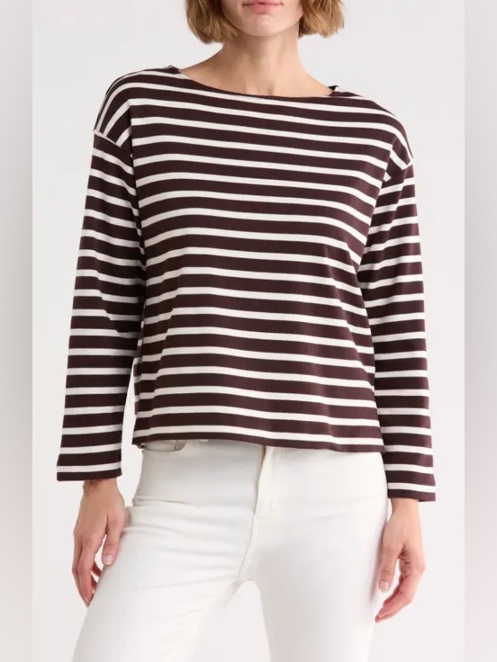 Spanx Cool Cotton Long Sleeve Stripe Top Shirt Truffle Brown Linen White S